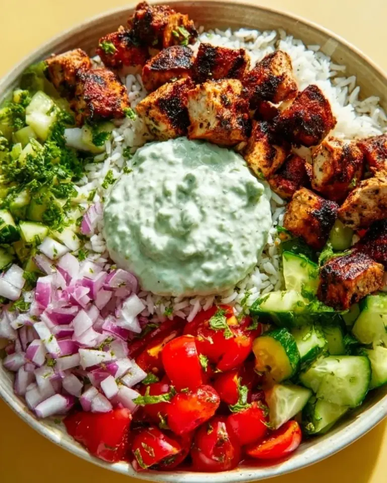 Healthy chicken gyro bowl with fresh vegetables and sauce