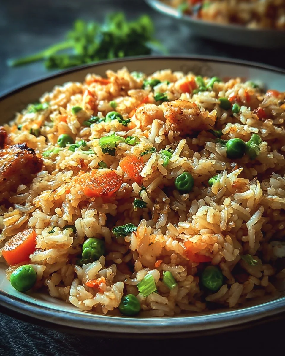 Plate of high protein crispy garlic chicken fried rice