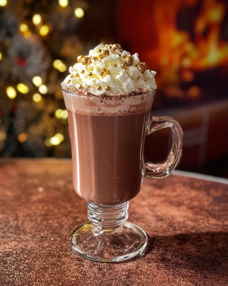Decadent homemade hot chocolate topped with whipped cream and a sprinkle of cocoa