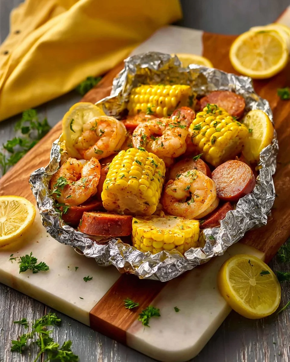 Delicious homemade shrimp foil packets baked in the oven.