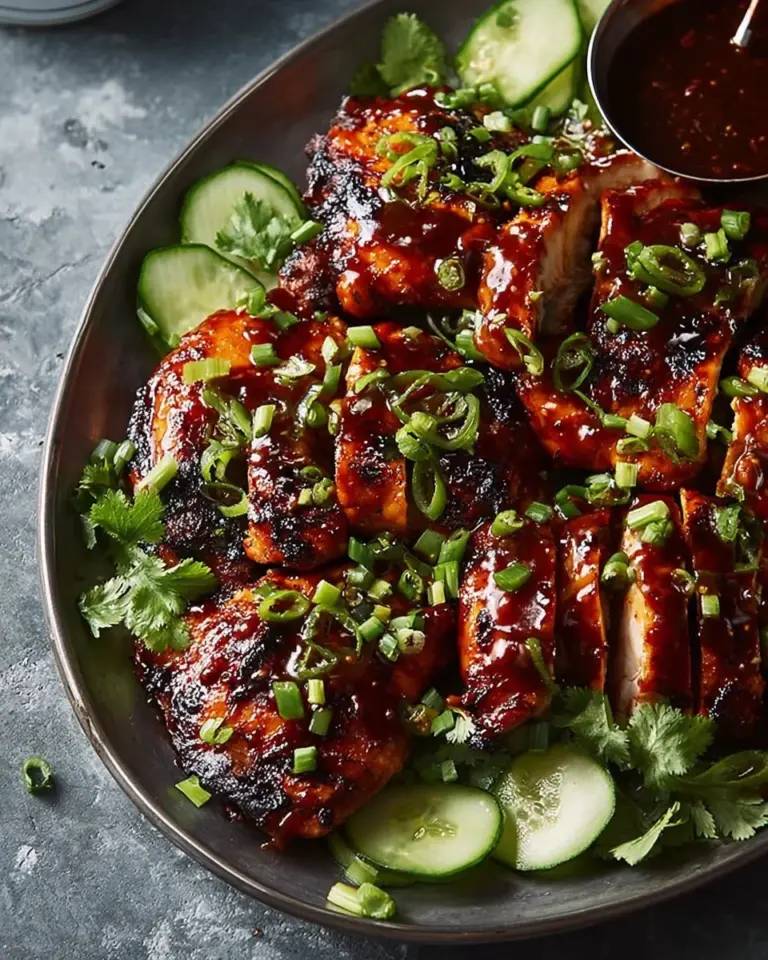 Honey Sriracha Chicken on a plate garnished with green onions