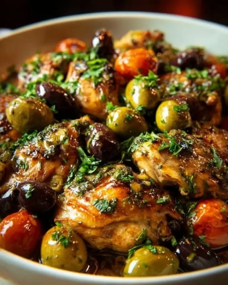 Plate of Ina Garten's Chicken Marbella, featuring chicken, olives, and prunes.
