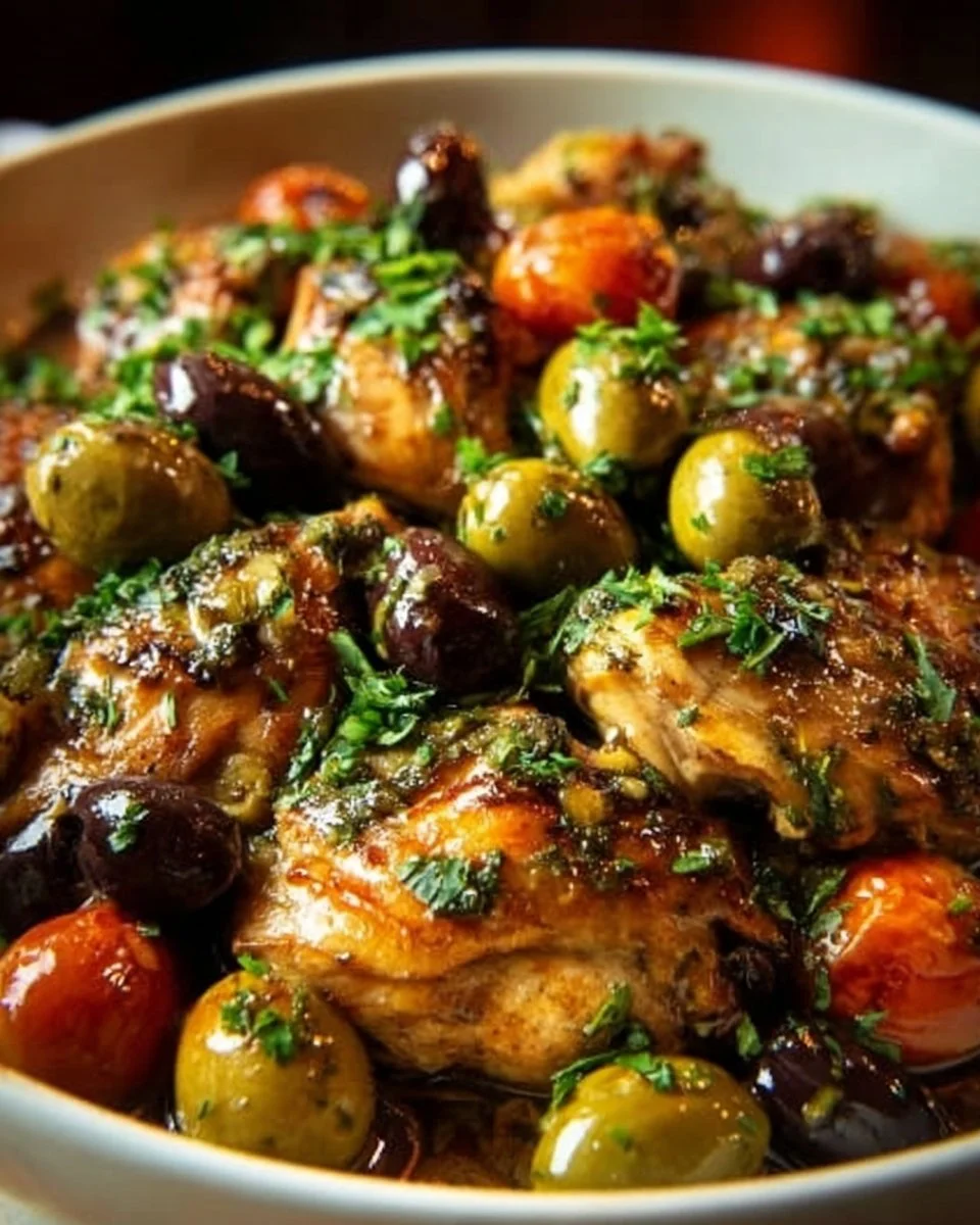 Plate of Ina Garten's Chicken Marbella, featuring chicken, olives, and prunes.