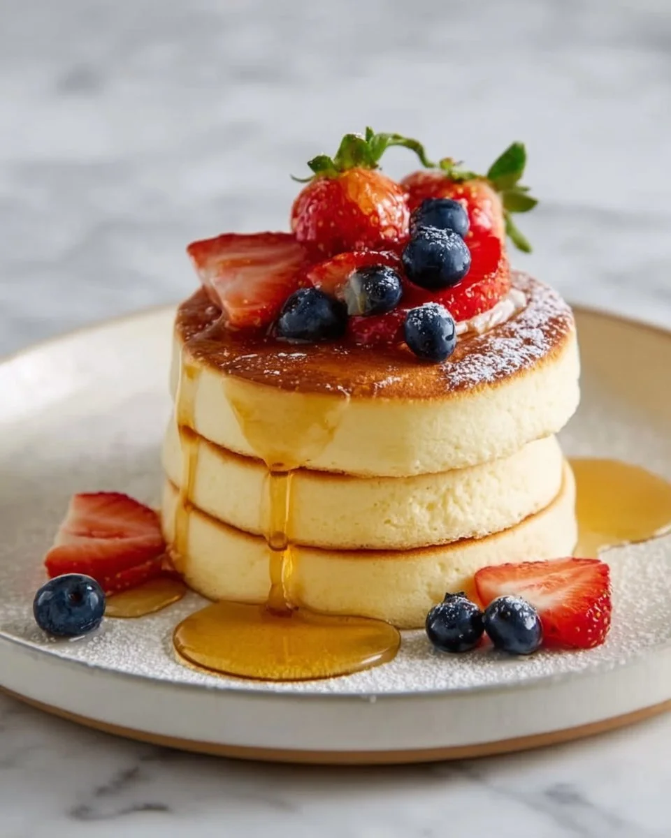 Delicious Japanese souffle pancakes served with syrup and berries