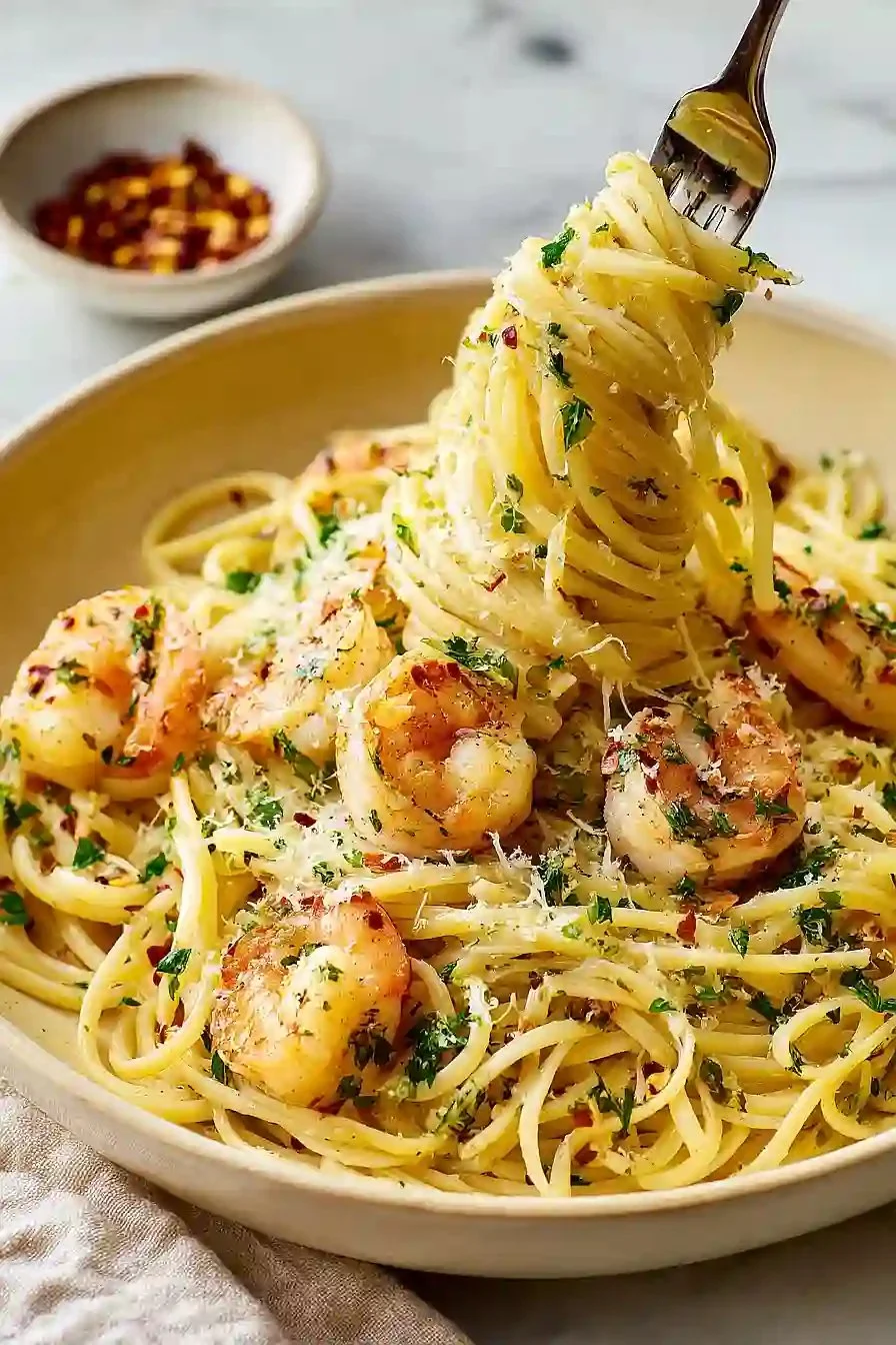 Lemony shrimp pasta with garlic and oil served in a bowl garnished with parsley.
