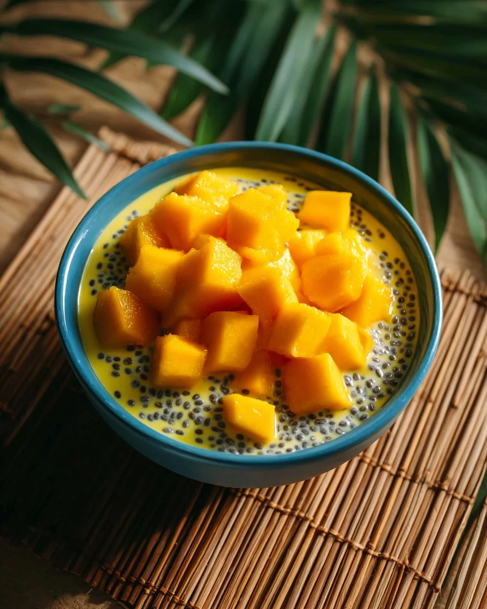 Delicious Mango Chia Pudding Cups served in clear jars with fresh mango slices on top