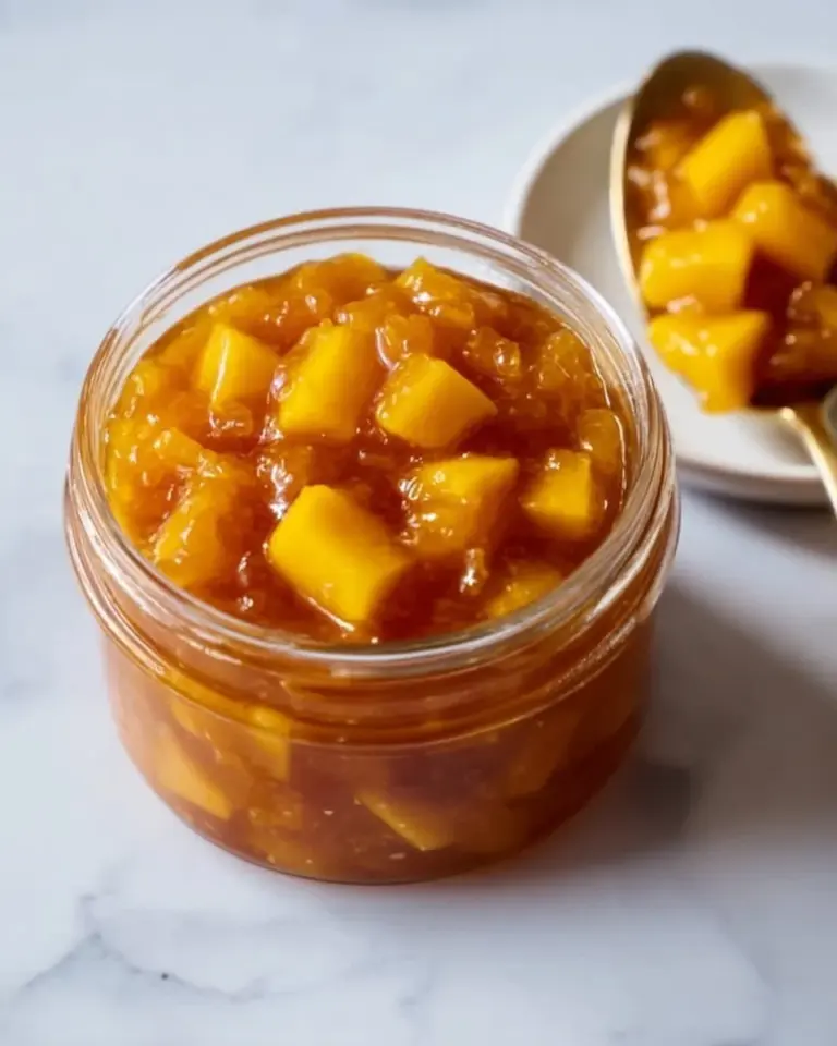 Homemade mango chutney in a jar, showcasing its vibrant color and texture.
