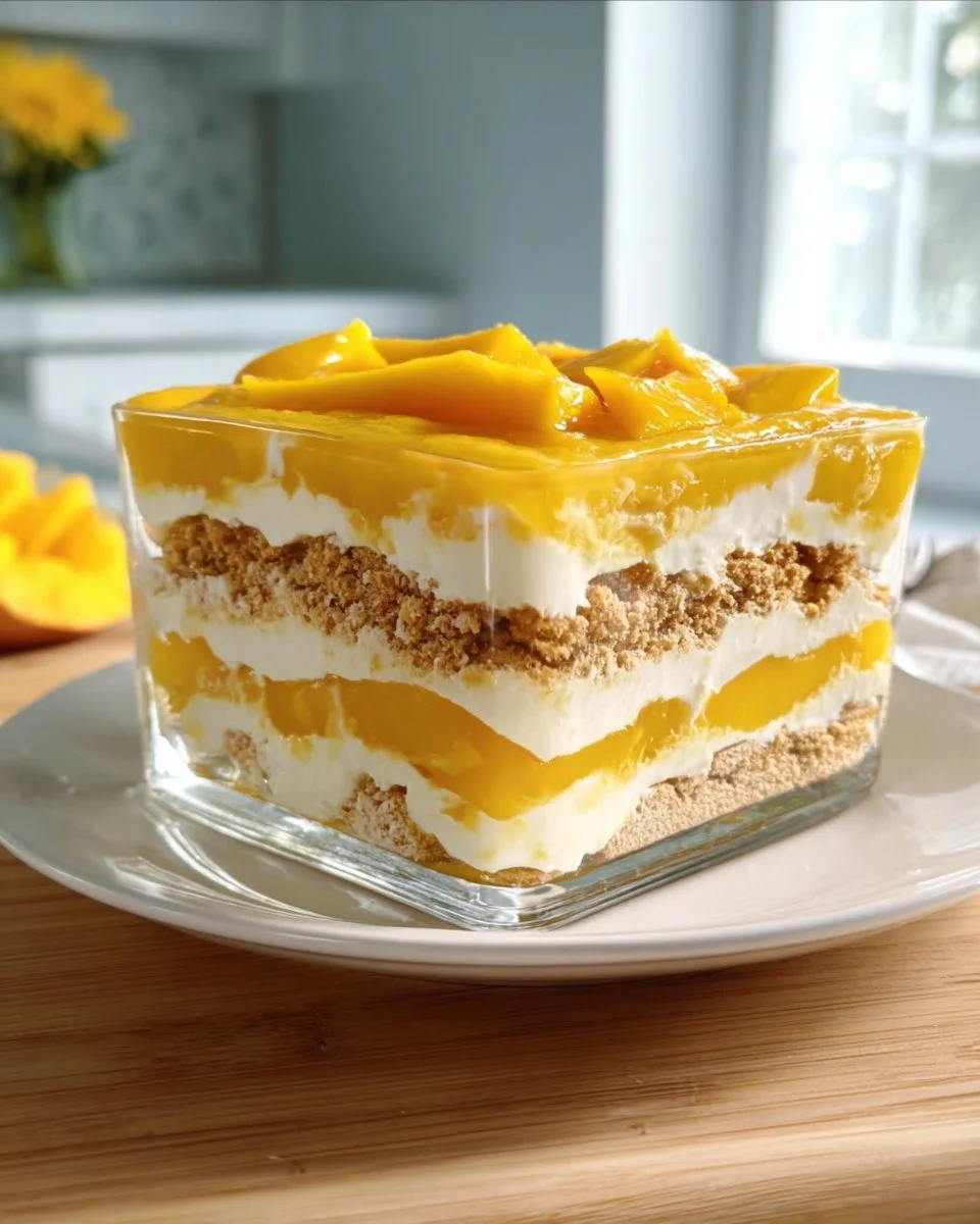 Delicious Mango Graham Cream Dessert topped with fresh mango slices