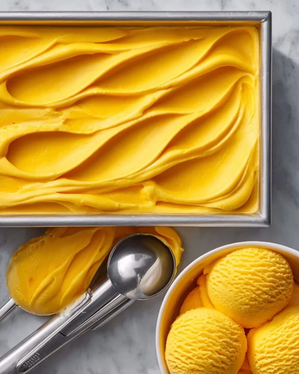 Delicious homemade mango ice cream served in a bowl with fresh mango slices.