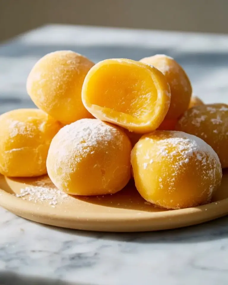 Delicious Mango Mochi dessert featuring sweet mango flavor wrapped in chewy rice cake.