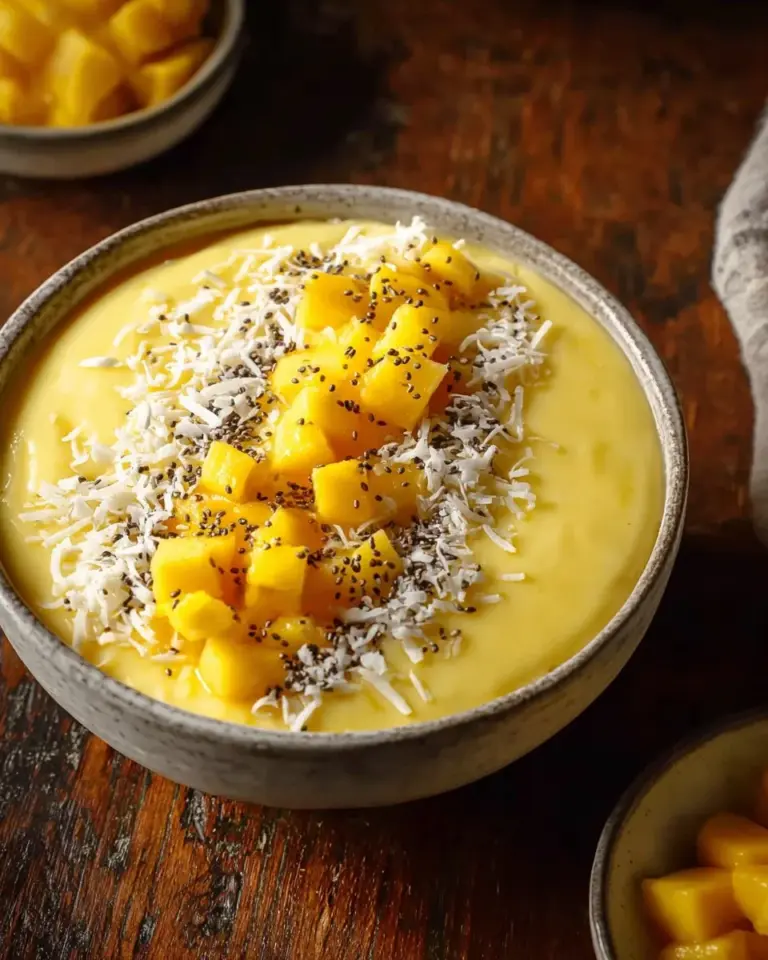 Delicious mango smoothie bowl topped with fresh fruits and seeds