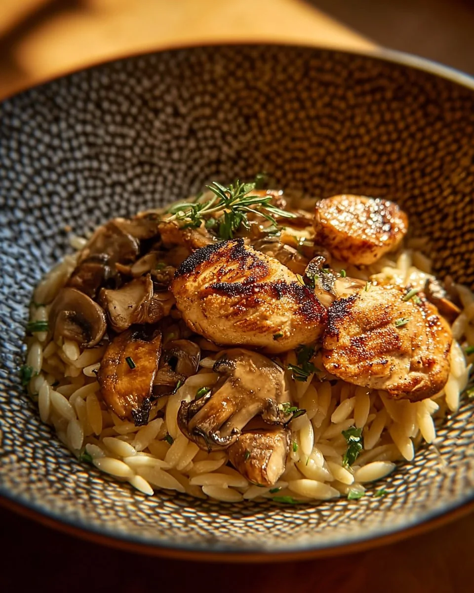 Delicious Marsala Chicken Orzo recipe featuring tender chicken with savory sauce.