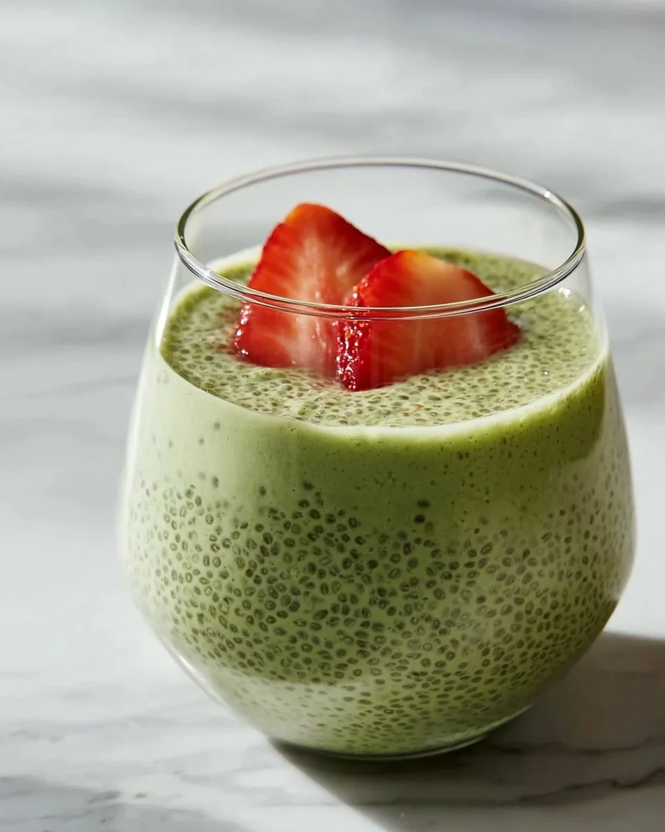 Healthy matcha chia pudding topped with fruits and nuts