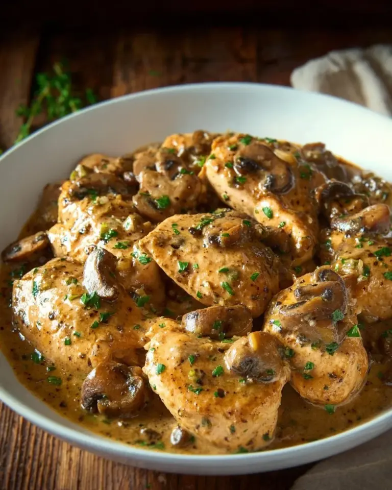 Delicious Mushroom Asiago Chicken served with fresh herbs