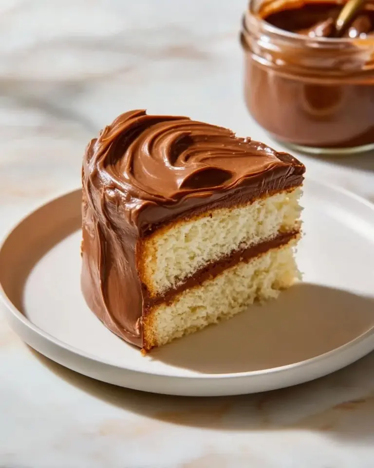 Slice of decadent Nutella Cake filled with creamy Nutella frosting