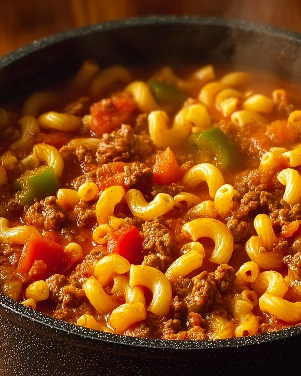Bowl of Old Fashioned Goulash with pasta, beef, and vegetables