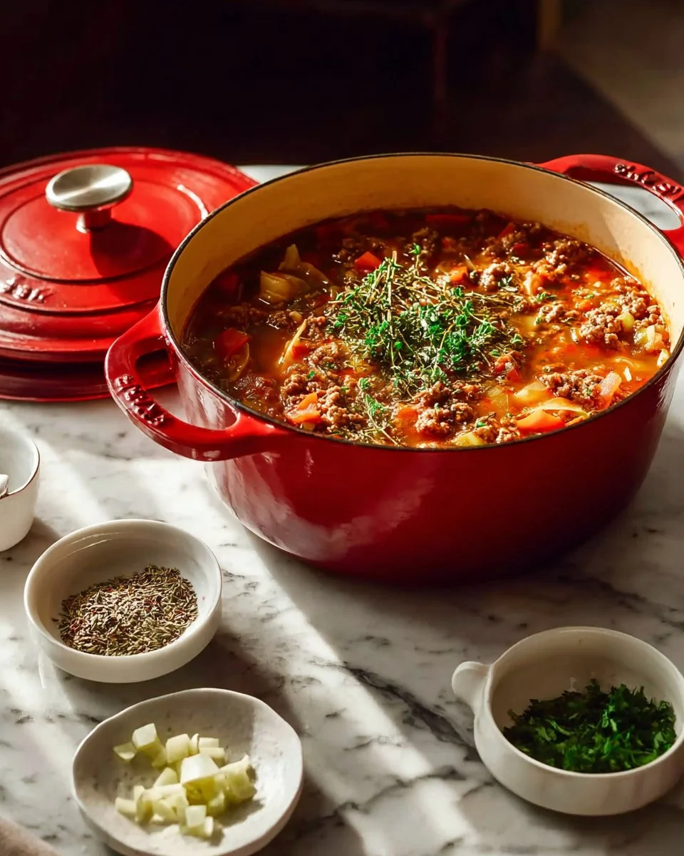 One-Pot Cabbage Roll Soup with Ground Turkey in a bowl garnished with parsley