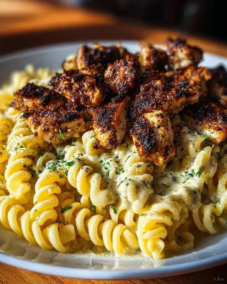 Parmesan Rotini with Cajun Garlic Butter Chicken garnished with herbs