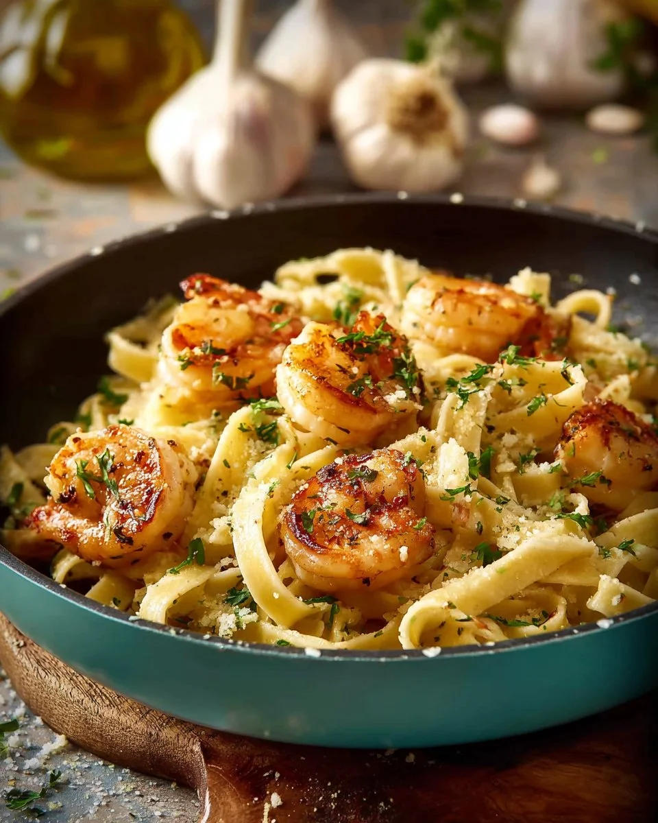 Delicious Parmesan Shrimp Fettuccine served on a plate with herbs and a sprinkle of cheese.