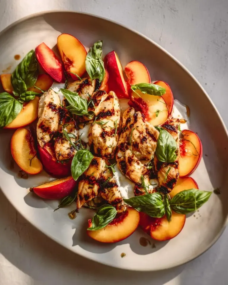 Peach Caprese Grilled Chicken topped with fresh basil and balsamic glaze.