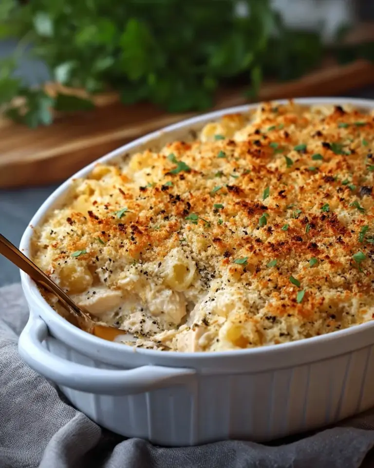Delicious poppy seed chicken casserole served in a baking dish