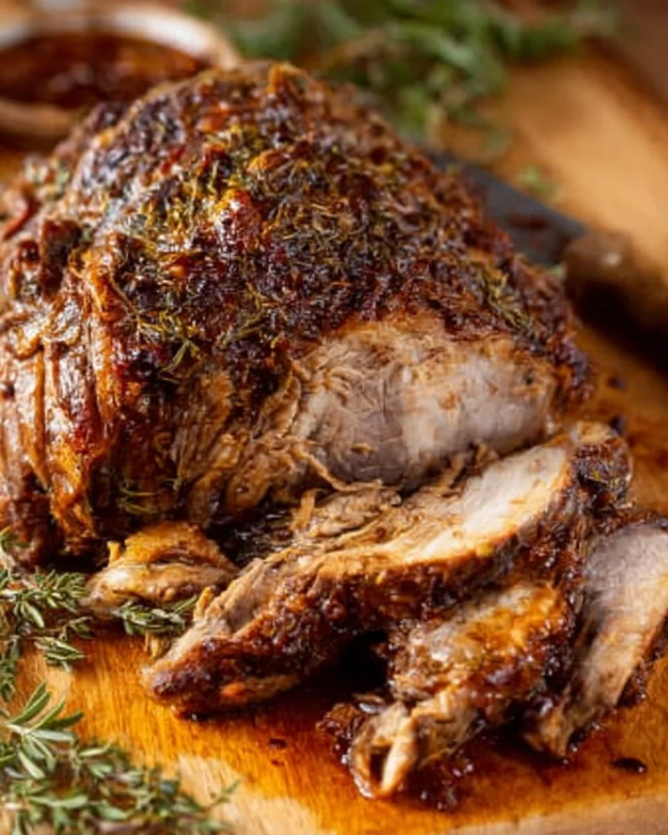 Deliciously roasted pork shoulder with herbs and spices served on a platter.