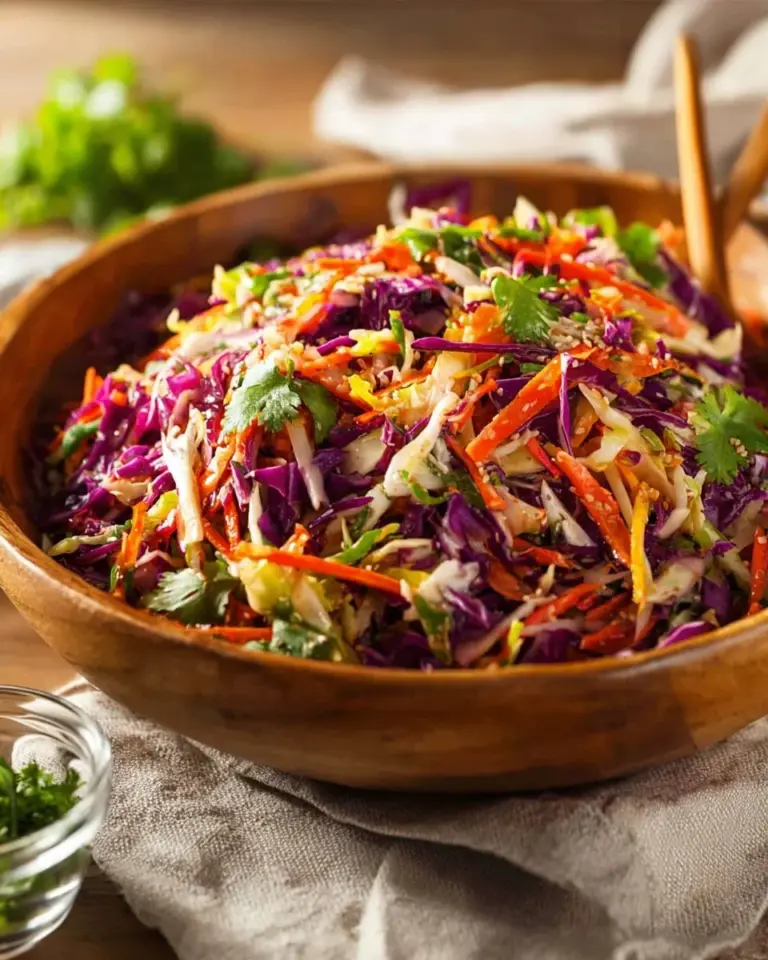 Bowl of quick Asian coleslaw with sesame dressing and colorful vegetables