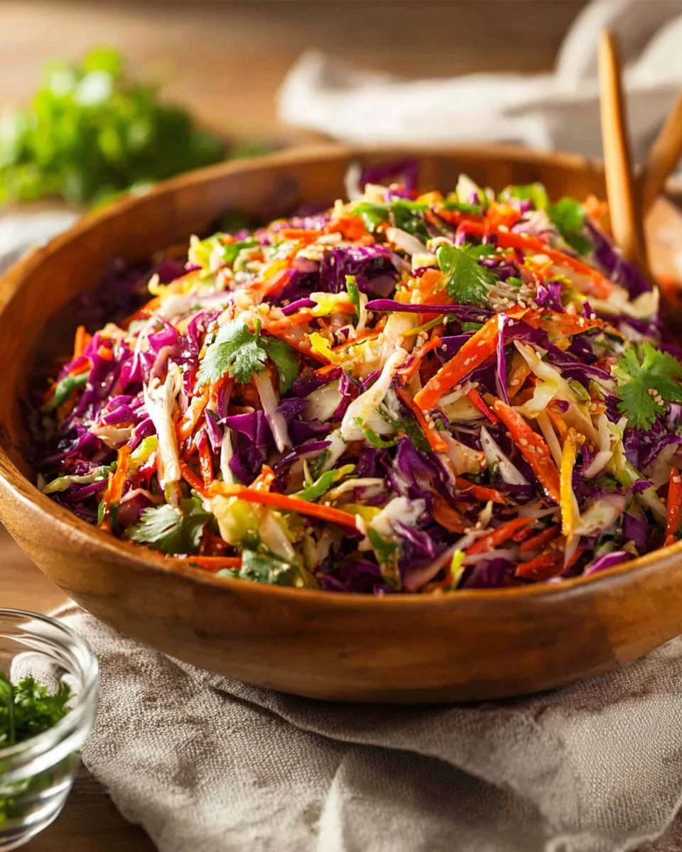 Bowl of quick Asian coleslaw with sesame dressing and colorful vegetables