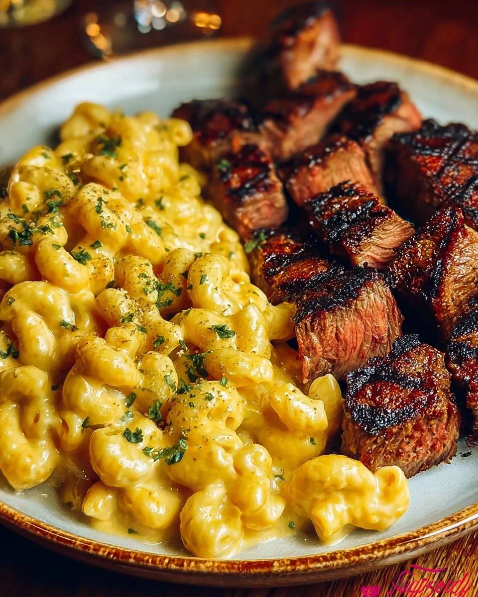 Rigatoni pasta with garlic butter Parmesan cream sauce and Cajun steak tips