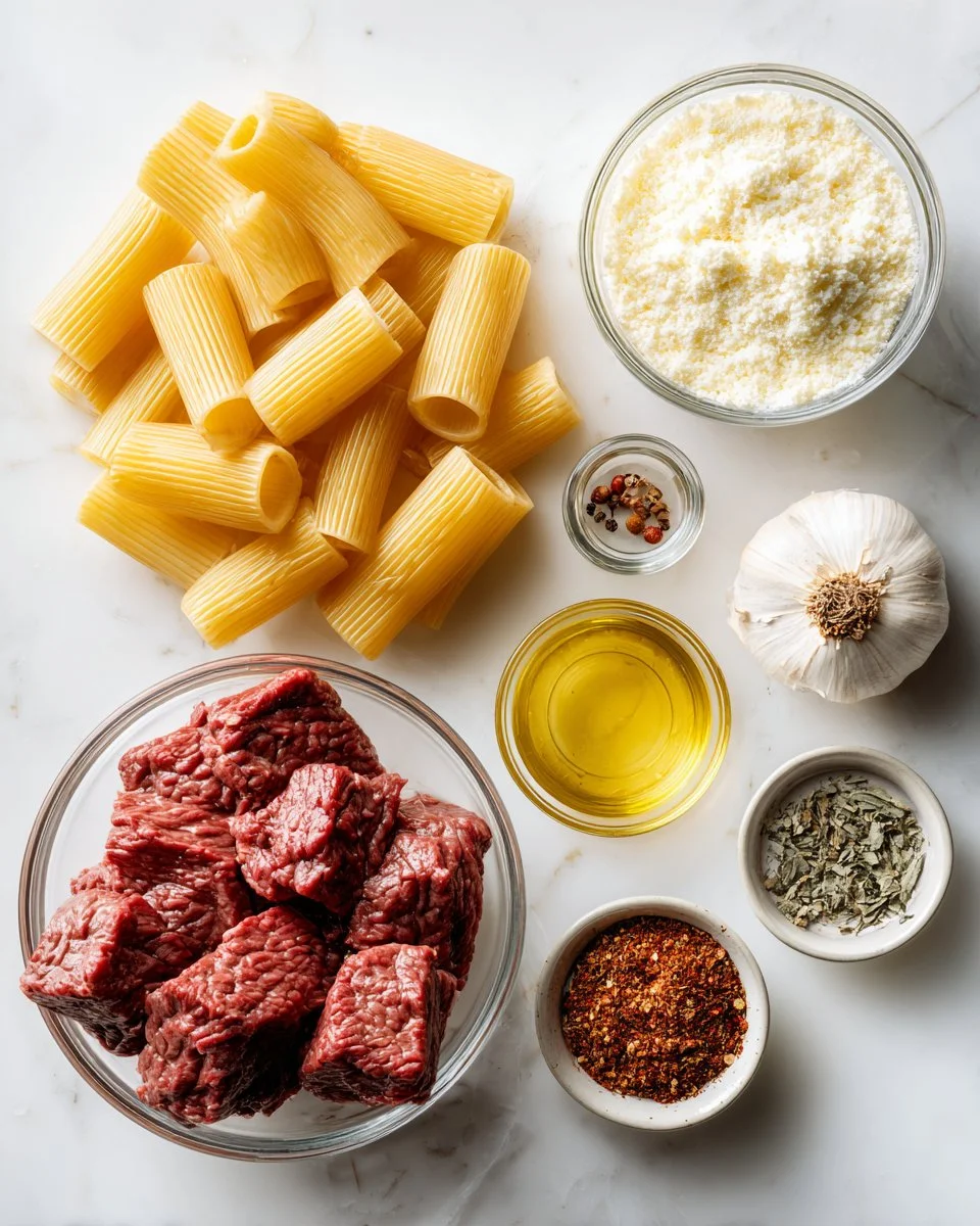 Rigatoni in Garlic Butter Parmesan Cream Sauce with Cajun Steak Tips