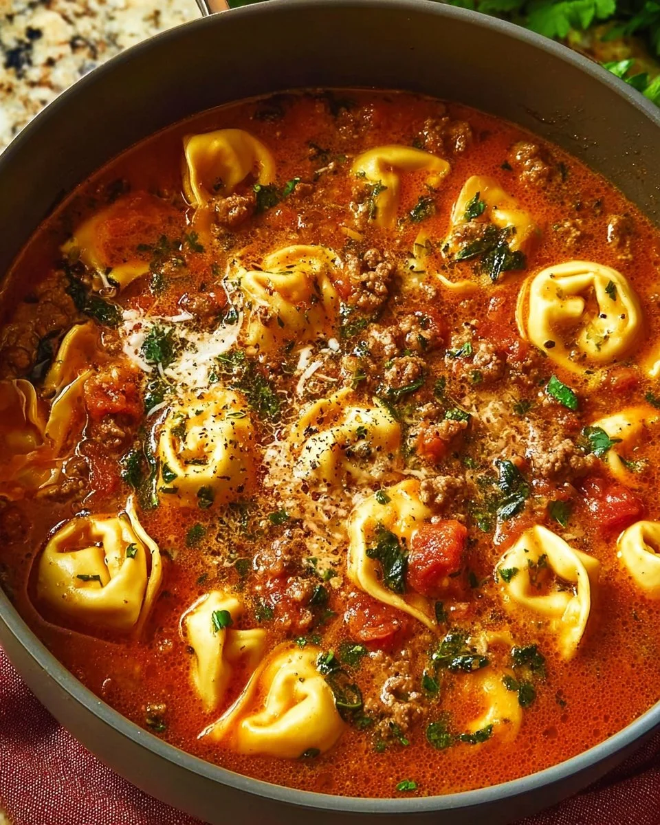 Bowl of Sausage Tortellini Soup garnished with herbs and spices