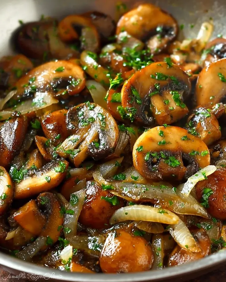 Delicious sautéed mushrooms and onions dish garnished for serving