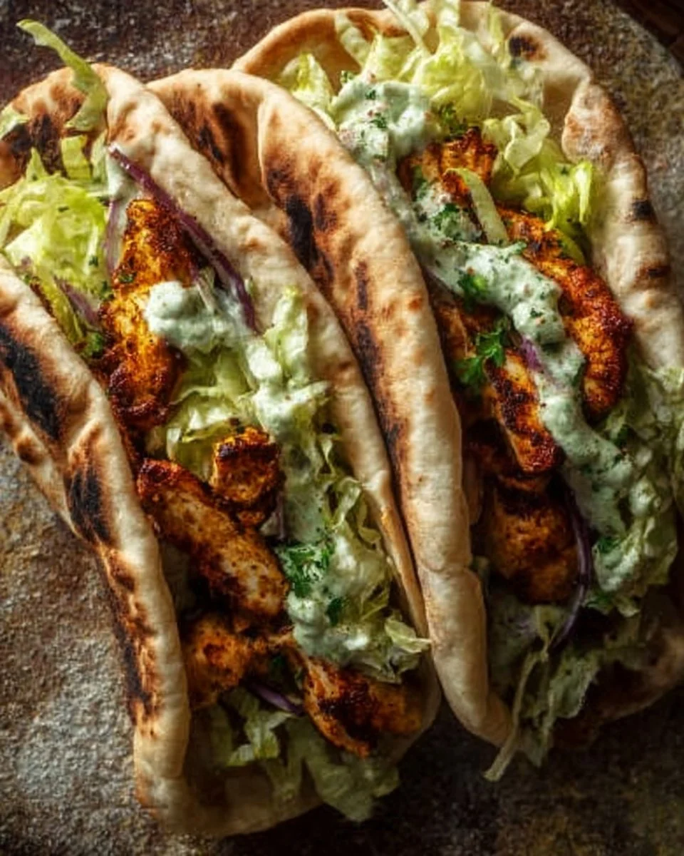 Sheet Pan Chicken Pitas topped with Herby Ranch dressing and fresh vegetables