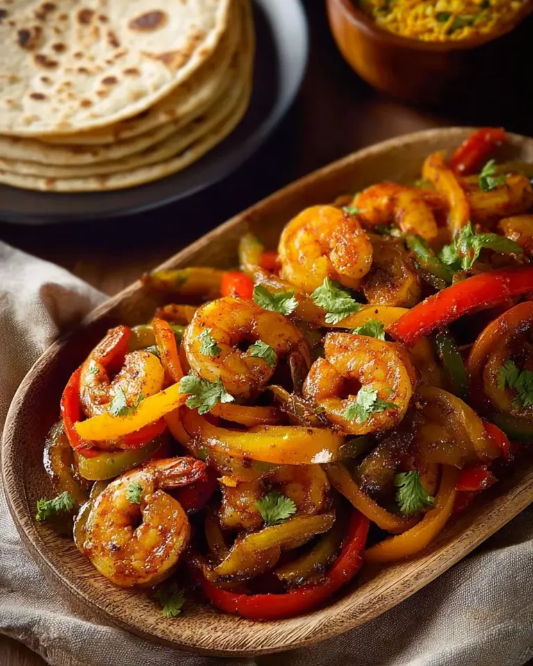 A colorful plate of shrimp fajitas with peppers and onions, garnished with lime.