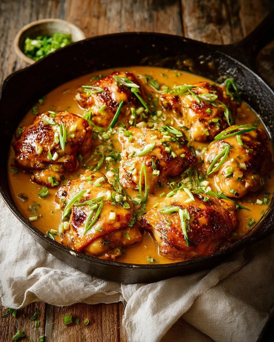 Skillet Bang Bang Chicken Thighs served on a plate with fresh herbs