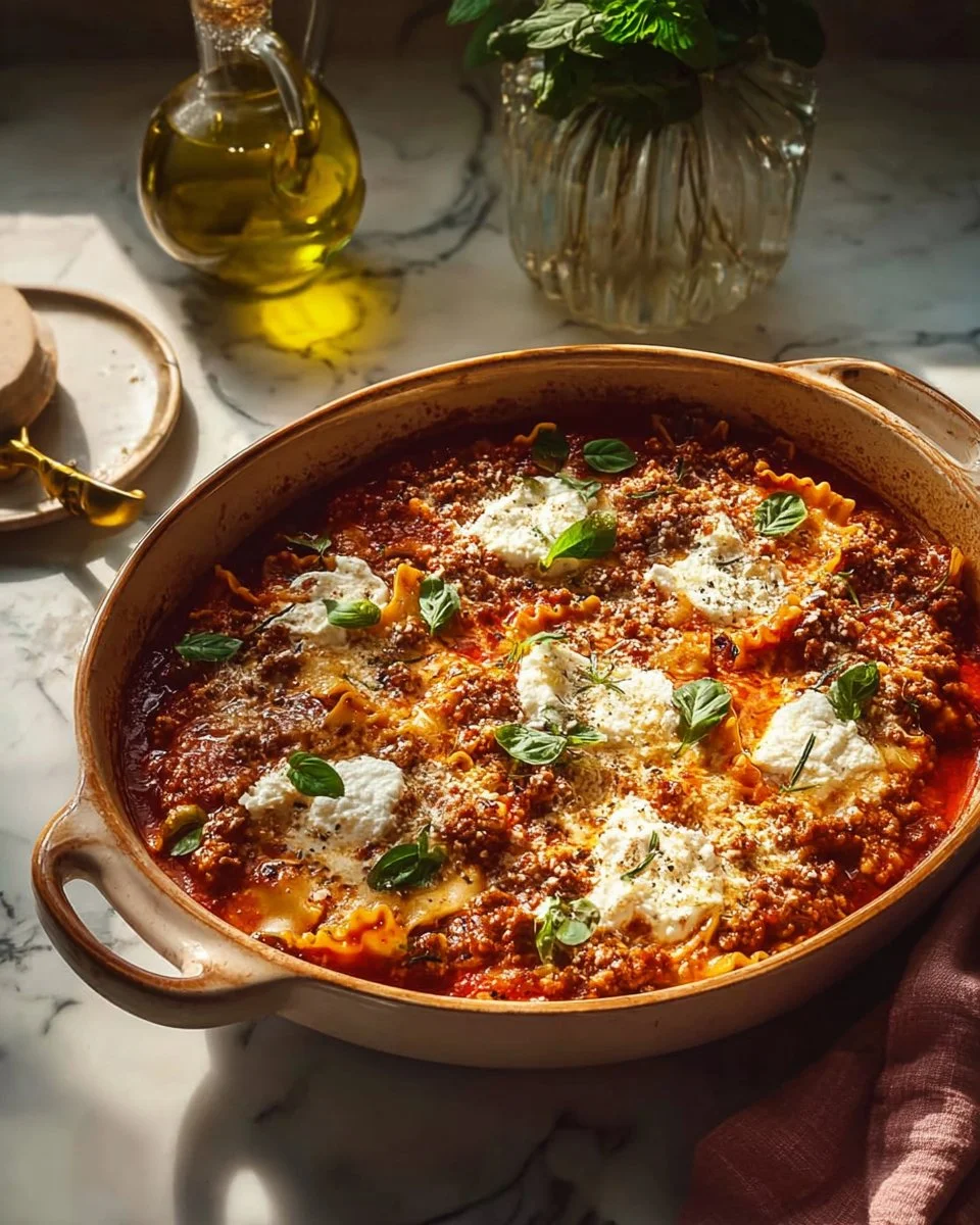 A bowl of Spinach Italian Sausage Lasagna Soup garnished with fresh herbs.