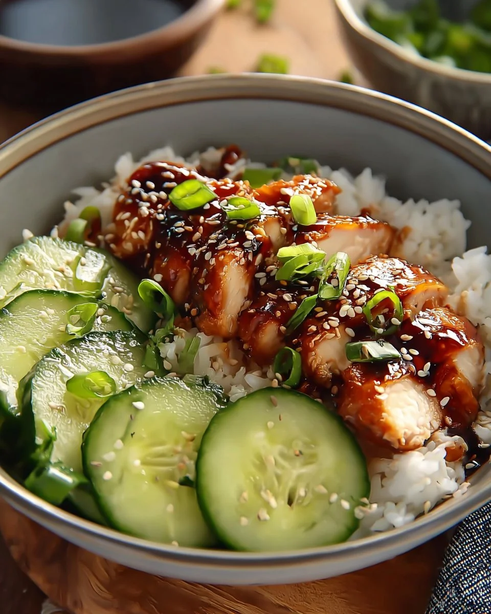Delicious sticky honey gochujang chicken garnished with herbs and sesame seeds.