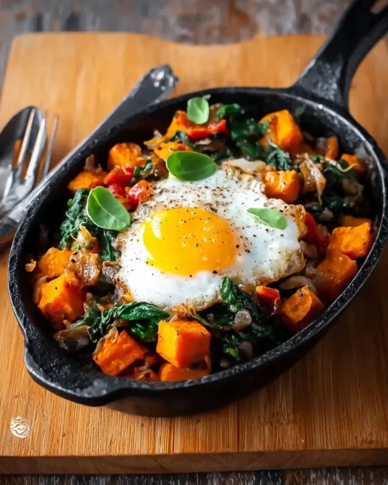 Sweet Potato Mushroom Breakfast Skillet topped with herbs