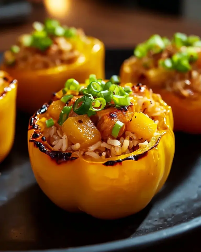 Teriyaki Pineapple Chicken Rice Stuffed Peppers served on a plate