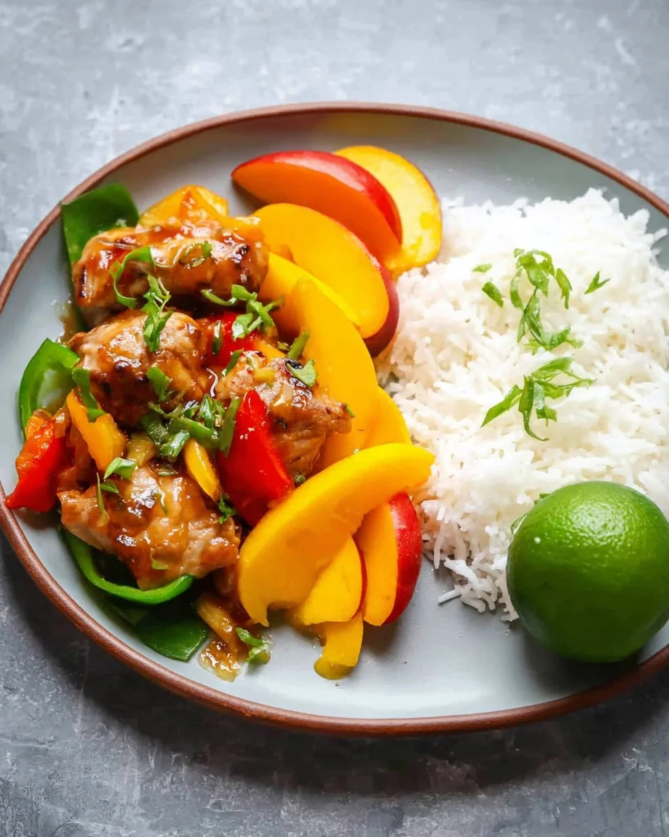 Plate of Thai Peach Chicken garnished with fresh herbs and served with rice