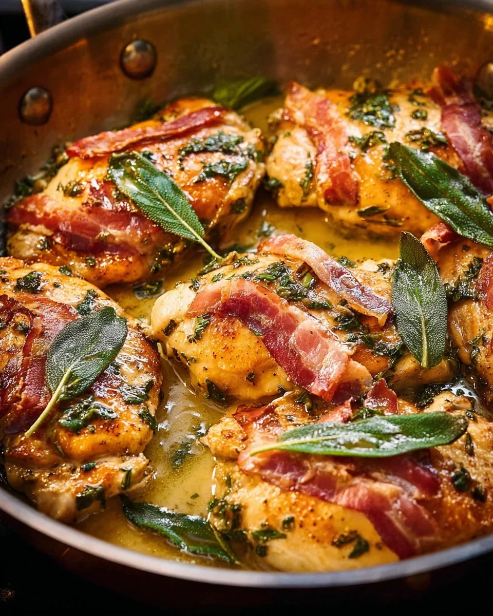 Delicious chicken saltimbocca served with herbs and prosciutto