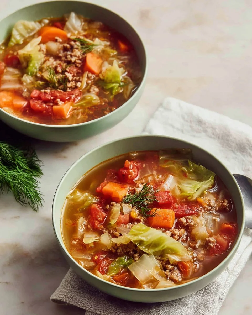Bowl of traditional stuffed cabbage soup featuring ground turkey and cabbage.