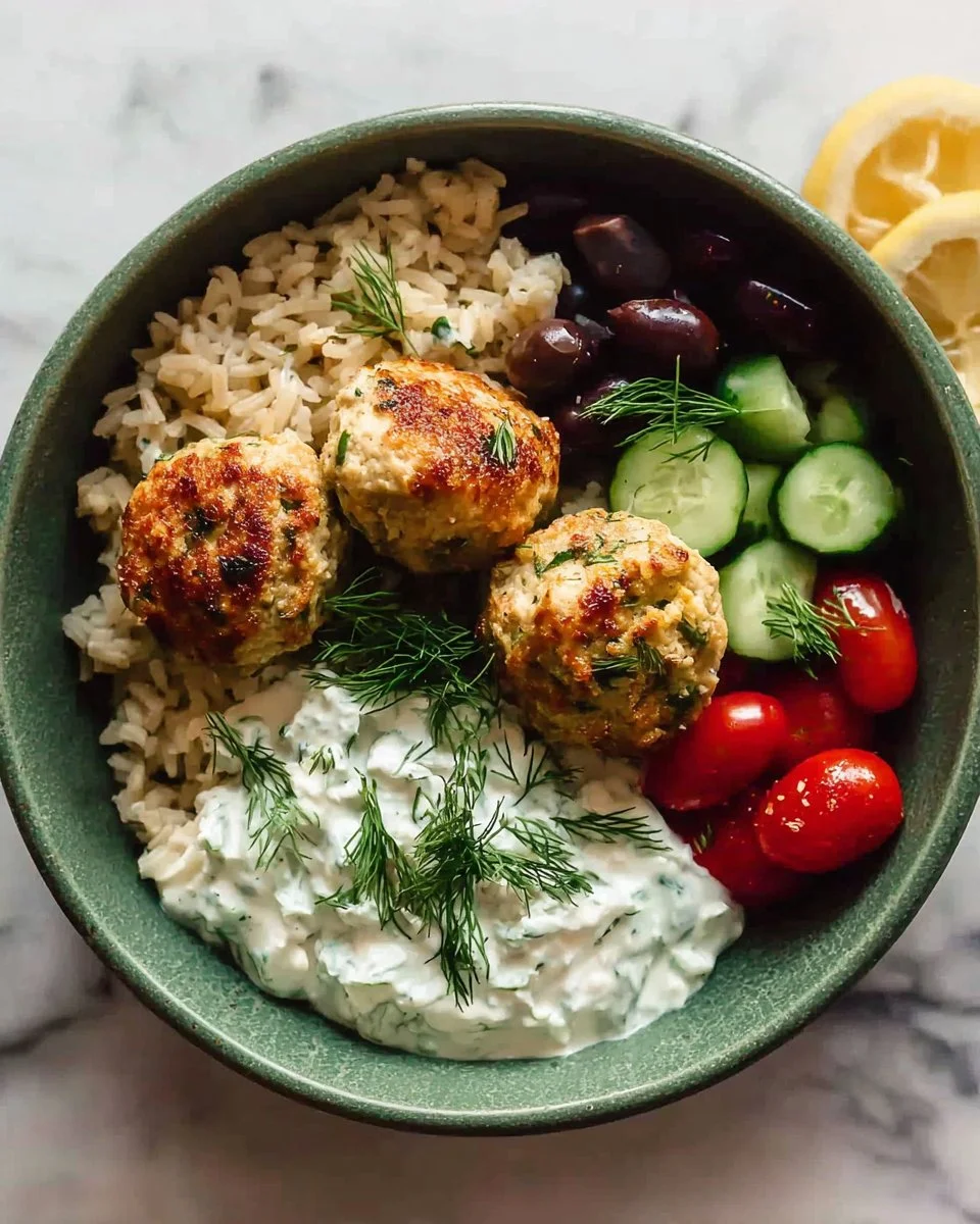 Delicious Turkey Meatball Bowls with tzatziki sauce and fresh ingredients