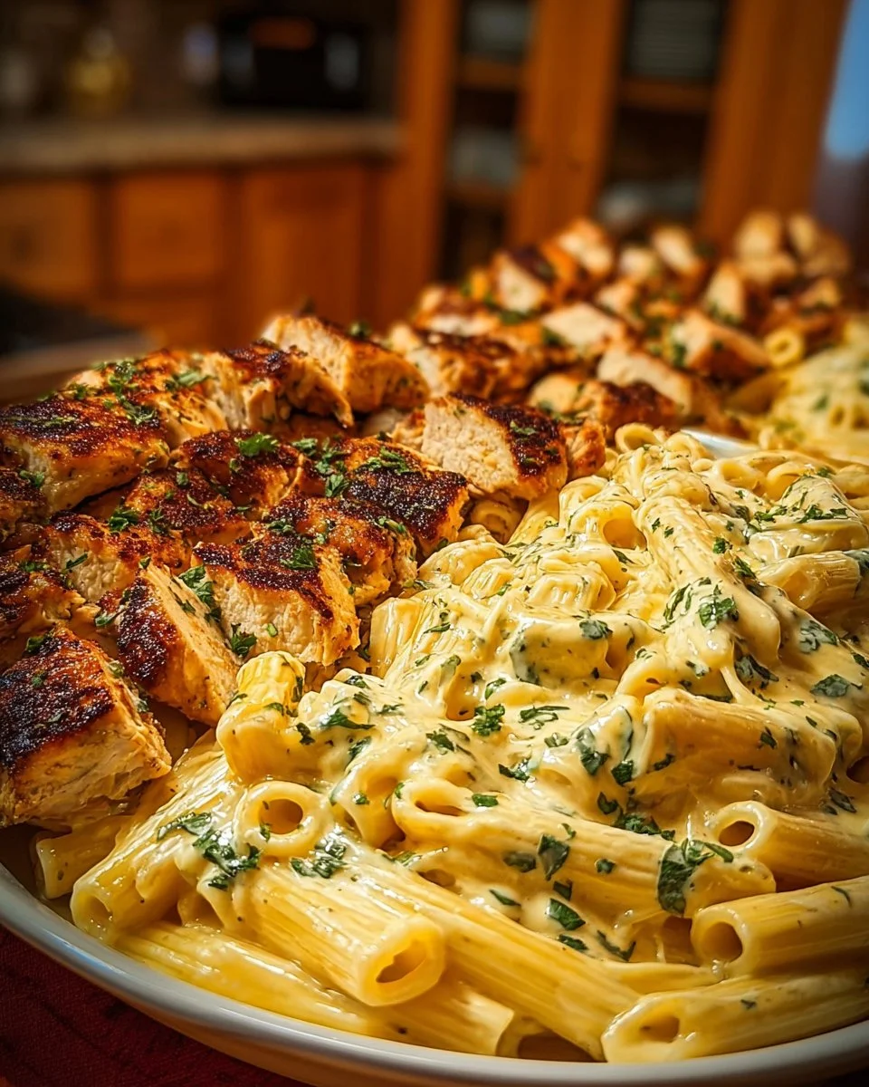 Creamy Velveeta chicken rigatoni with mozzarella garlic sauce served in a bowl