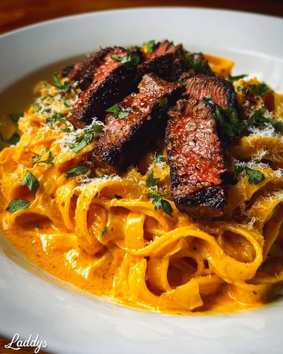 Velveeta Steak Fettuccine in garlic butter cream sauce served on a plate