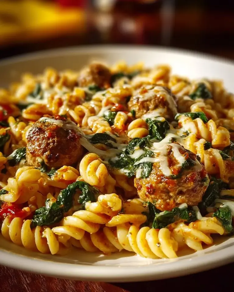 Delicious garlic butter rotini with beef, Italian sausage, and spinach dish