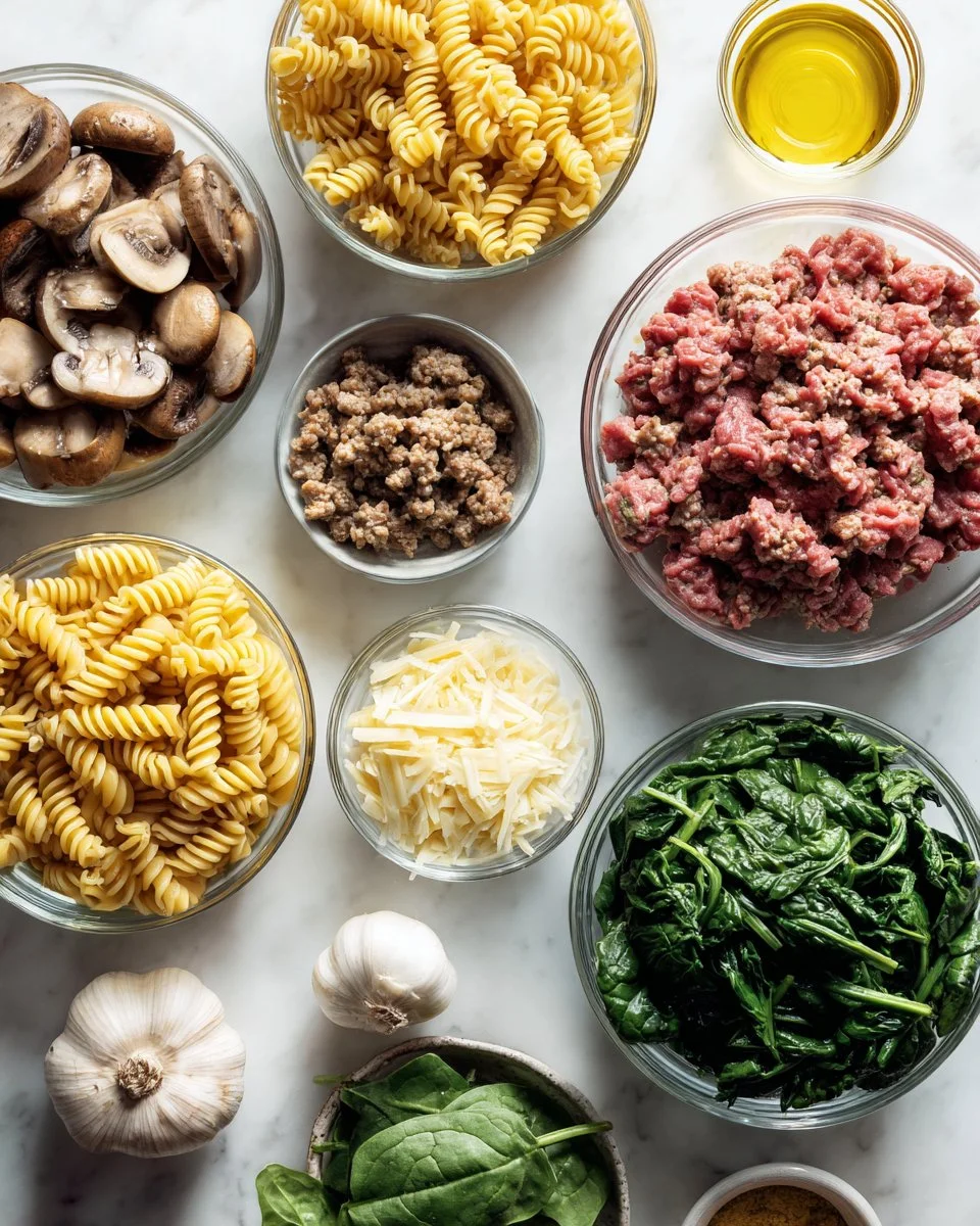 Weeknight Garlic Butter Rotini With Beef, Italian Sausage And Spinach