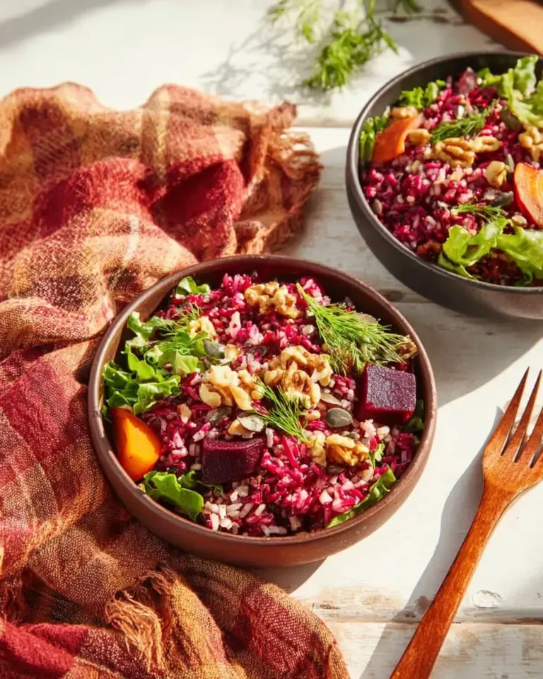 Wild rice salad with roasted beets, showcasing vibrant colors and fresh ingredients.