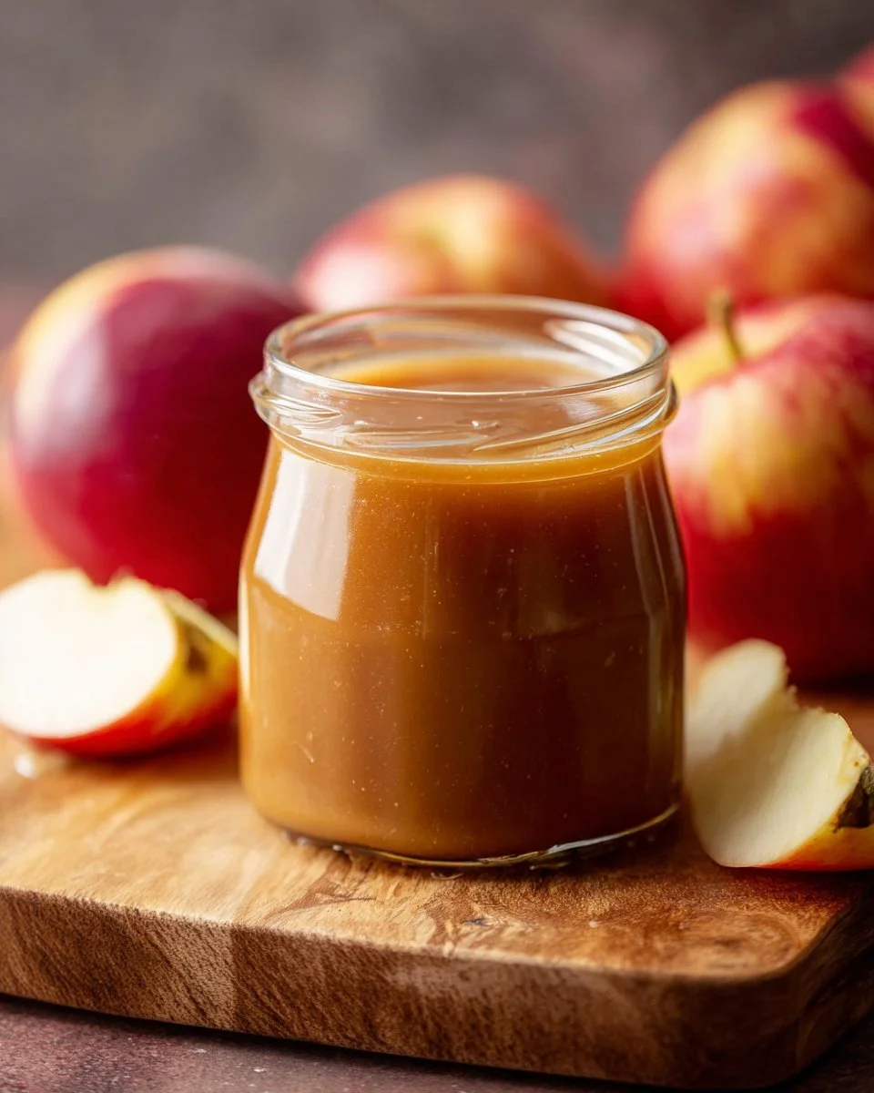 Delicious apple cider caramel sauce drizzled over dessert.