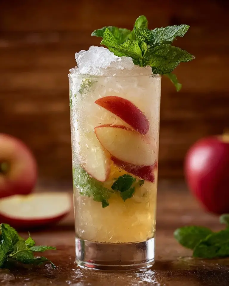 A refreshing Apple Cider Mojito cocktail with mint and apple slices.